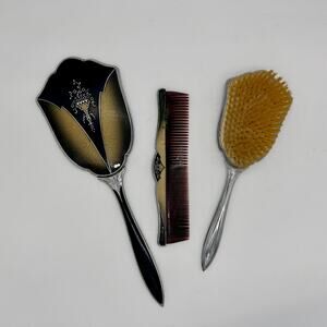 Vintage 60's Vanity Set Mirror Brush Comb Art Deco Bodoir Dressing Table Decor